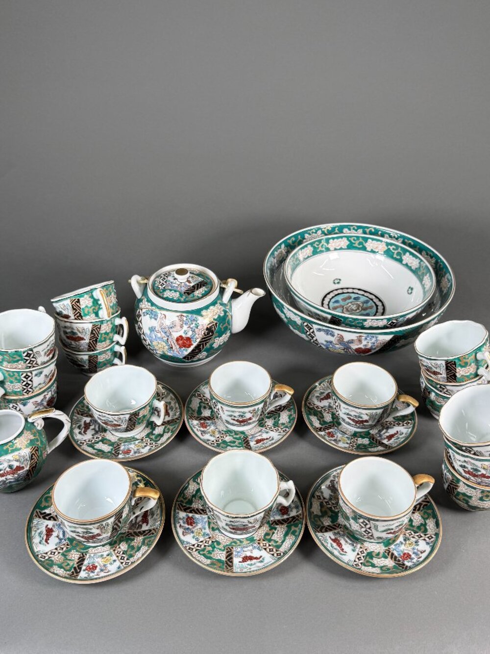 Vintage Gold Imari Hand Painted Tea Set Green Geisha Bamboo Teapot Bowls, 29 Pcs